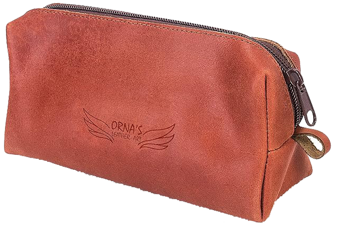 COGNAC POUCH: Real Cowhide Men’s Women’s Cognac Portable Toiletry Makeup Travel Case
